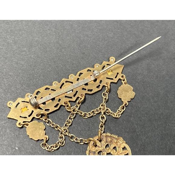 Vintage Victorian Revival Brass Tone Dangle Chain Brooch Rhinestones Festoon - Picture 11 of 11